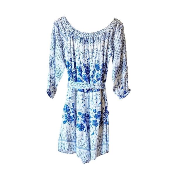 Anthropologie Romper Clemente Belted Off Shoulder Blue Flower Print NWT - Picture 5 of 11